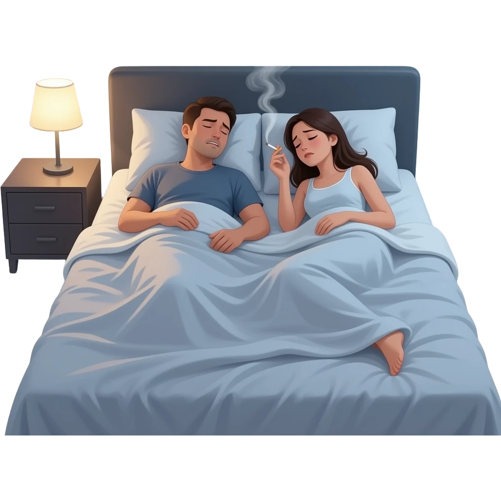 couple in bed after sex, both look exhausted, the girl is smoking emoji