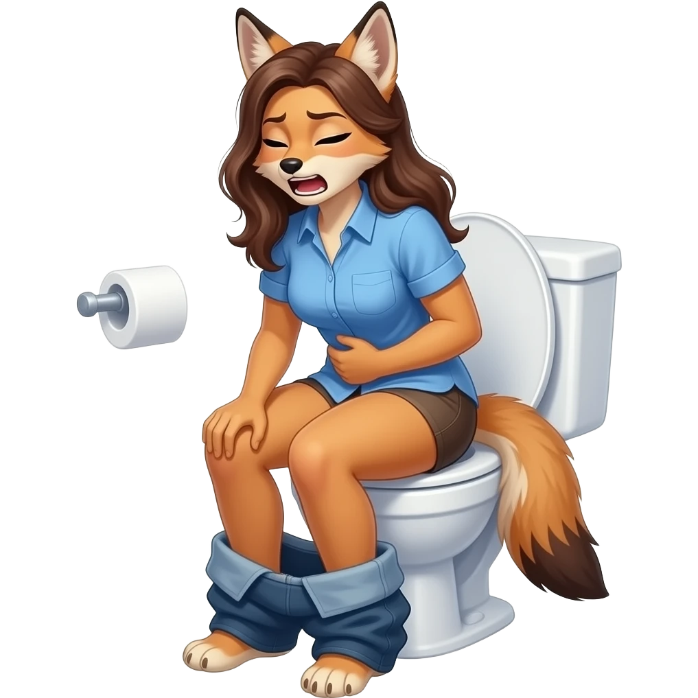 Female jackel furry person woman pants down blue shirt on,sit on toilet,grunting,stomachache, fursona emoji