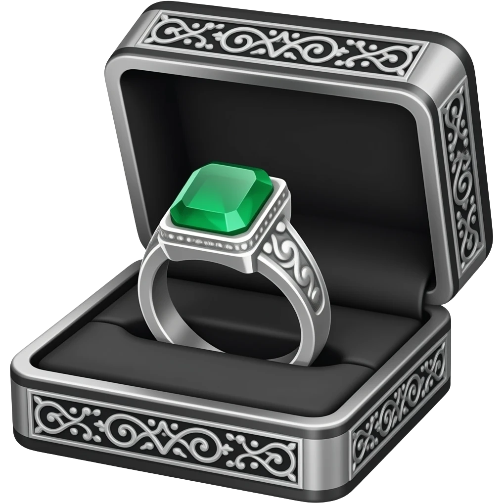 Emerald ring in a black box with silver ornate trim emoji
