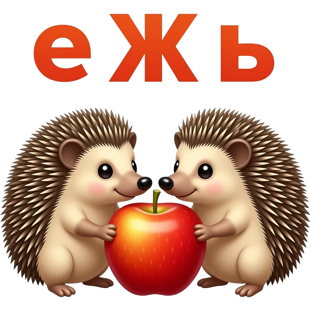 Text above the hedgehogs russian text: "е Ж ы". Two hedgehogs sniff an apple. Emoji. emoji