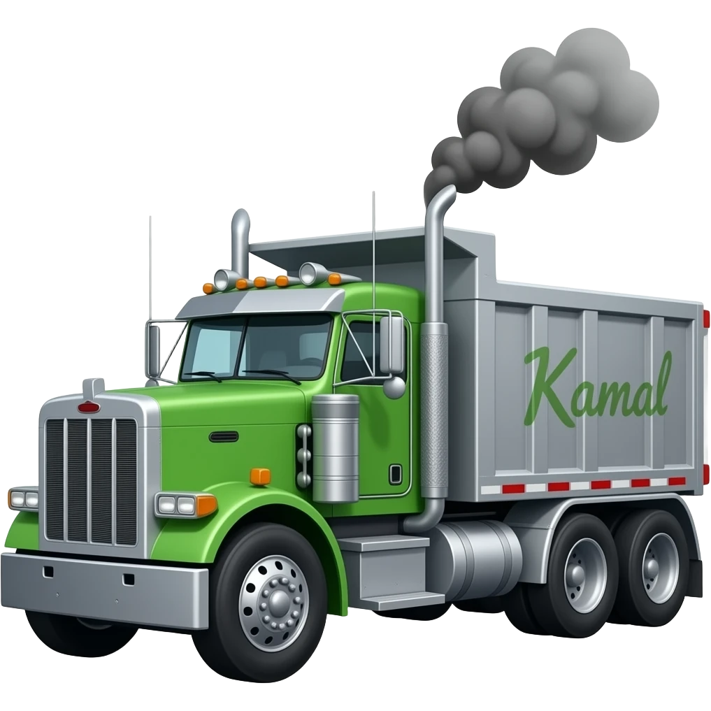 A peterbelt dump truck  emoji dump trailer with black smoke Out of exhausted pipe and a green truck and says kamal on the side only 1 truck with kamal on the side make that 1 truck green but a grey tralier imoji emoji