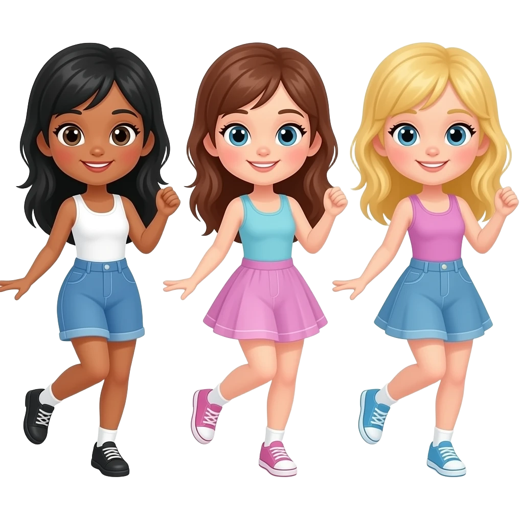 Triplets girls dancing, black hair brown hair and blonde hair emoji