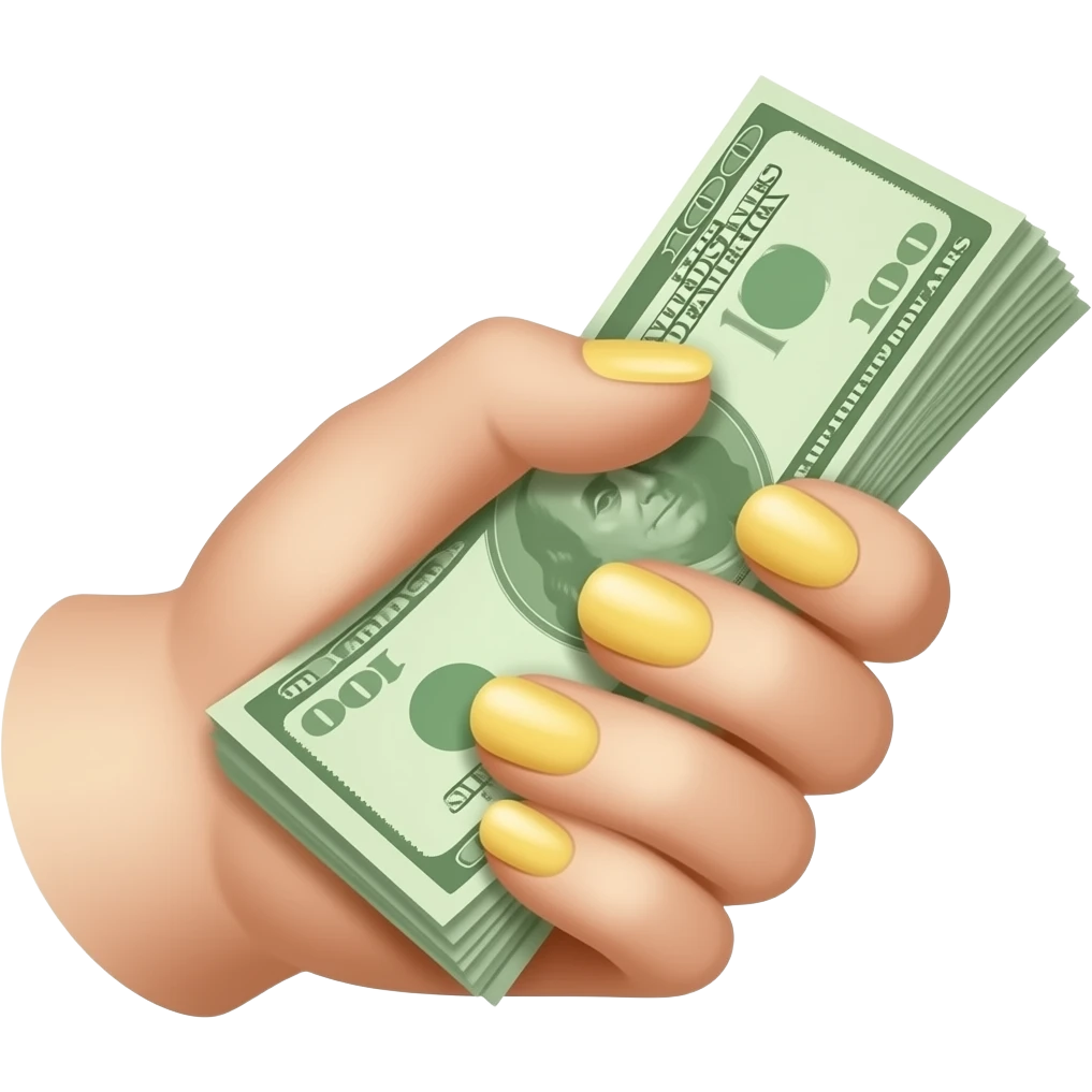 A pale hand with almond-yellow nails, holding cash emoji