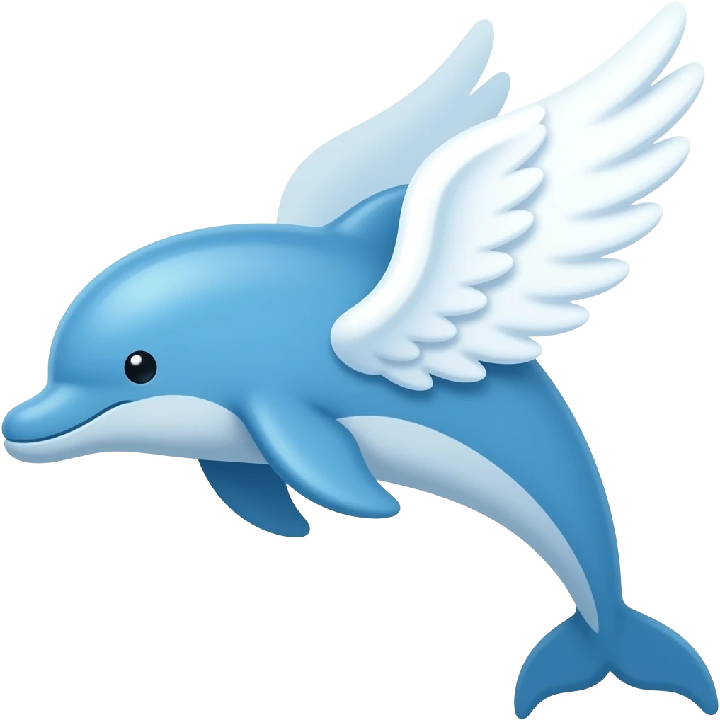 thin dolphin emoji with 2 big angel white wings, glass blue ,2d, simple emoji