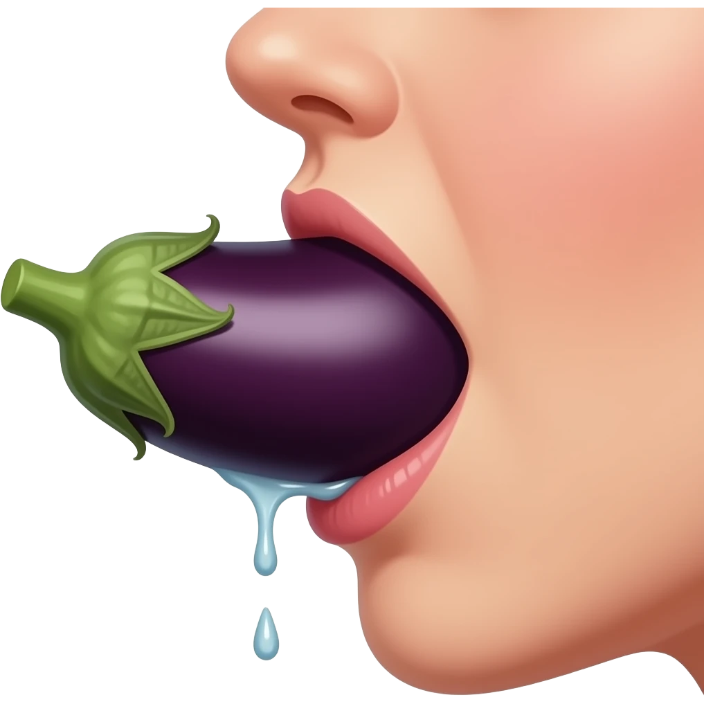 Side view of an eggplant entirely inside a woman’s mouth slobbering emoji