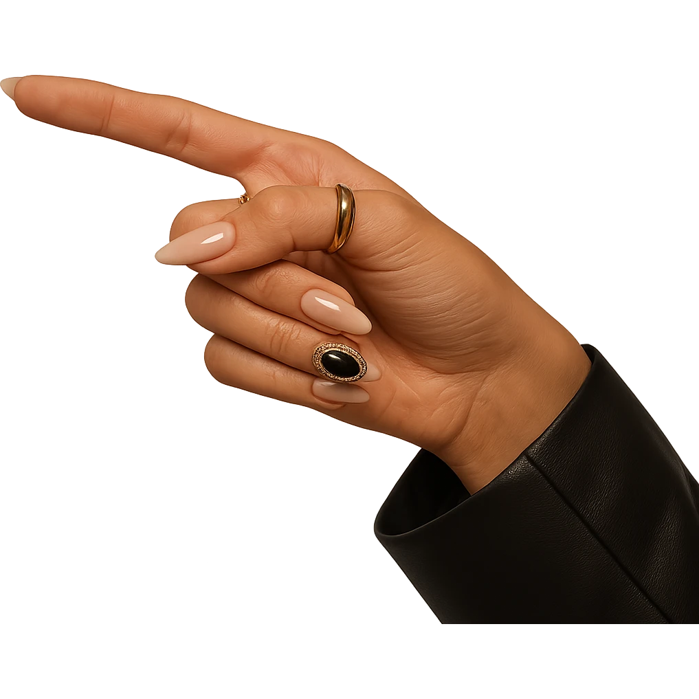 stylish girl's hand with long nails and rings, pointing to the left ...