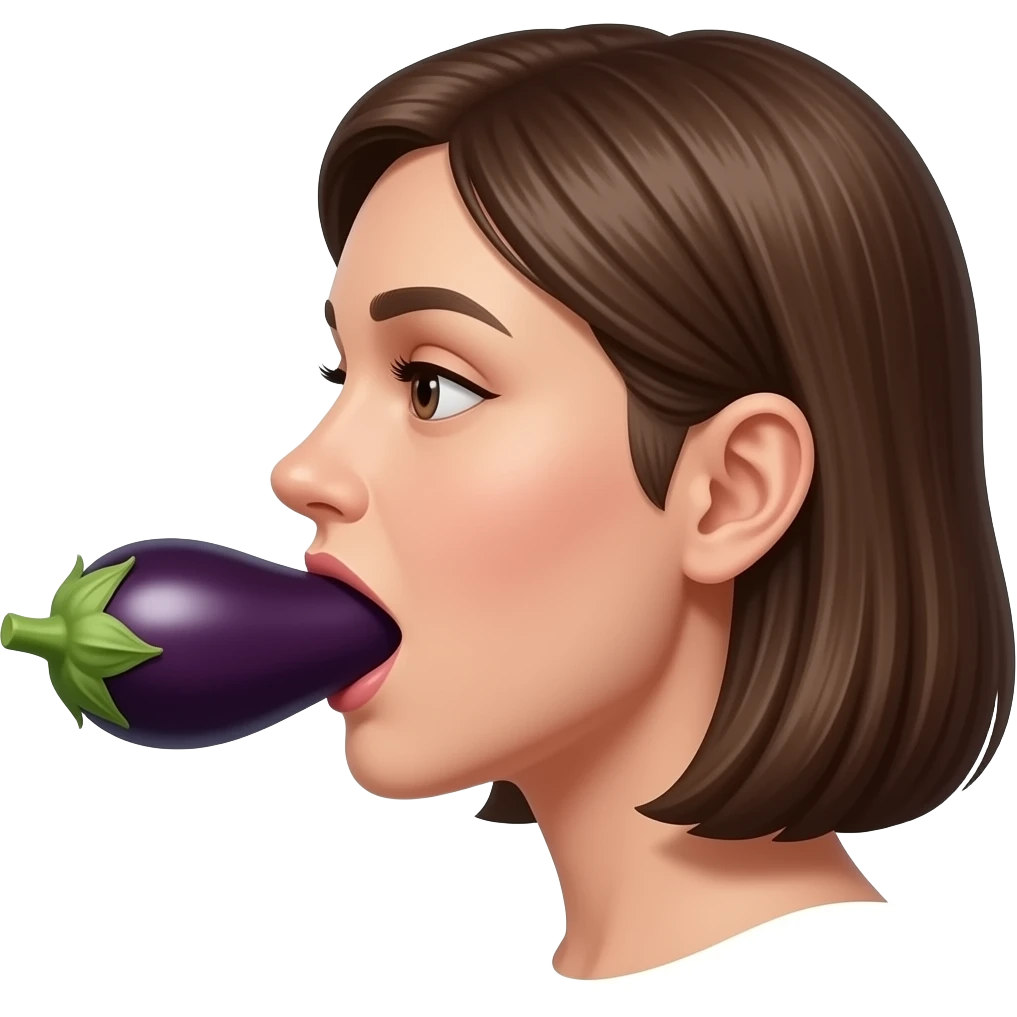 Side view of an eggplant entirely inside a woman’s mouth emoji