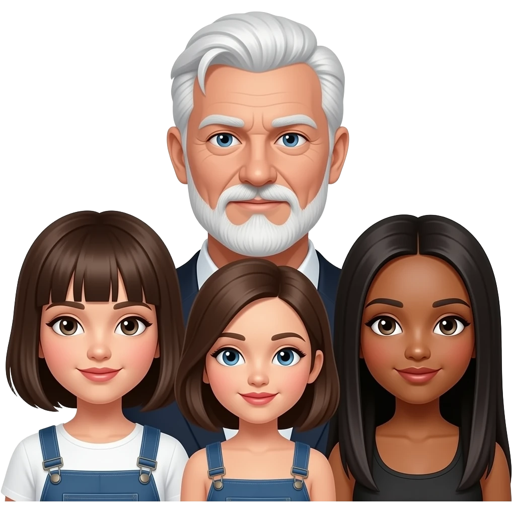 white hair sugar daddy with white 3 brunette sugar babies all same size: one with medium hair and bangs, the other with medium hair, and the other with Long straight darker hair. emoji