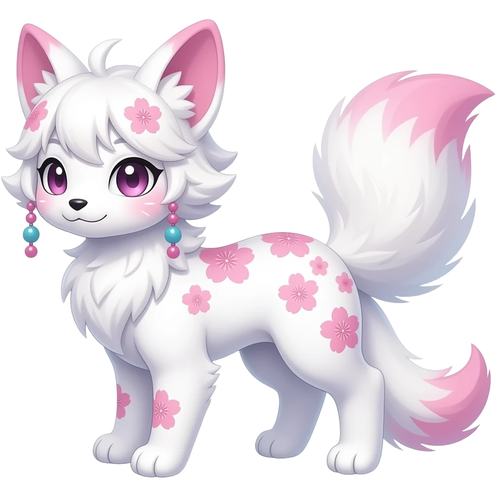 White sakura floral Fuzzy slim oriental feathery long-haired beaded mane cozy rosy aesthetic feathery Rosy beautiful Sylveon-Furret-Fennekin-Minccino-Espeon-Fakémon-hybrid emoji