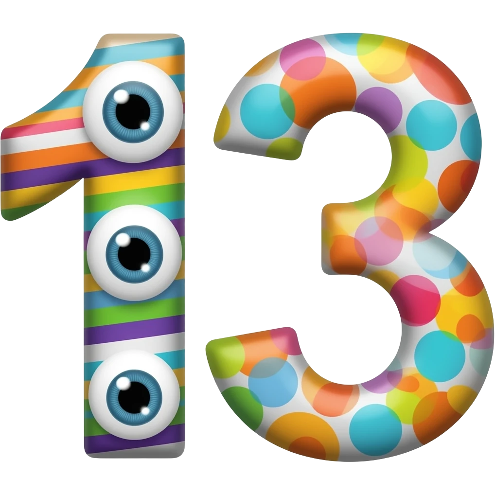 A multi colored 13 with 3 eyes and it has stripes and polka dots emoji
