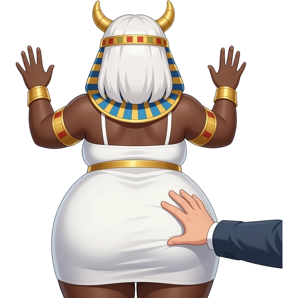 African Anime extremely fat big booty a white hair female creature cosplaying Egyptian girl showing back her buttocks with putting her hands behind the wall with her white dress with somebody slapping her buttocks emoji