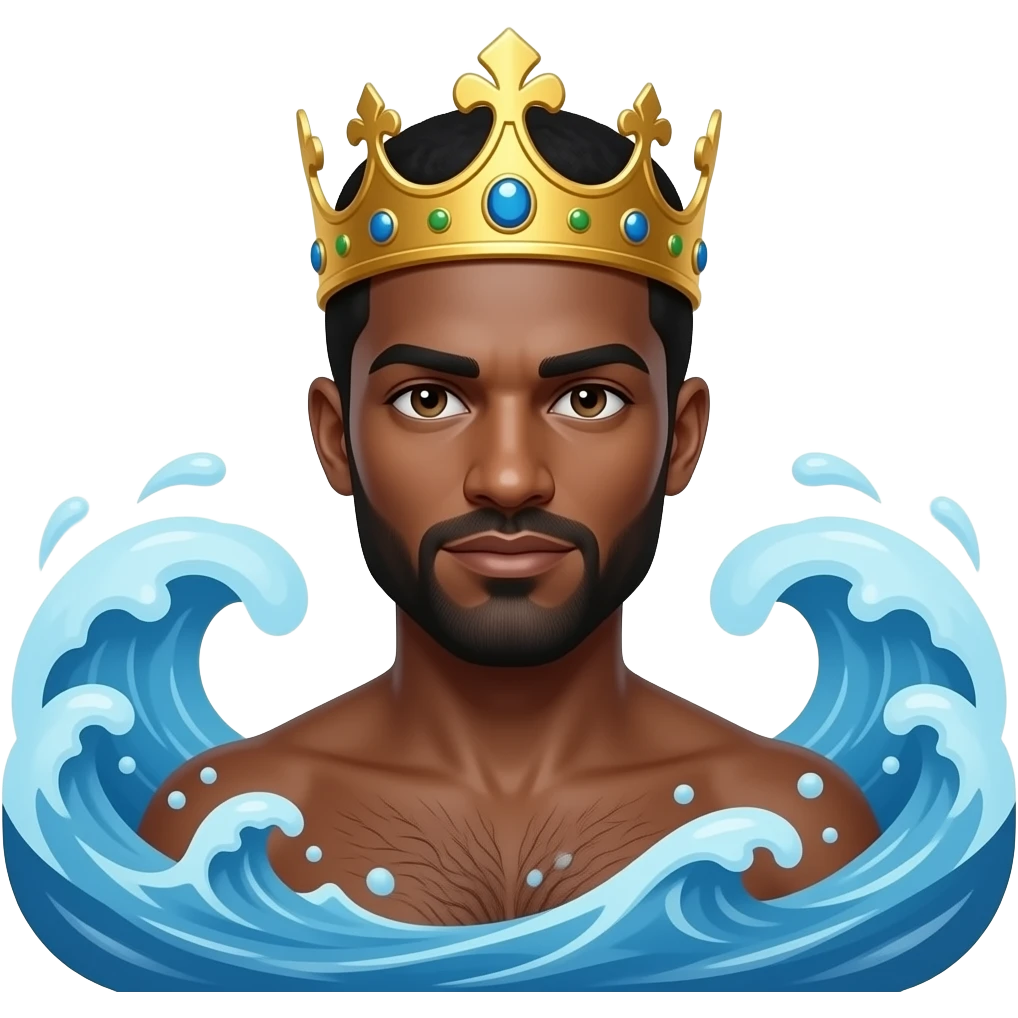 The Triton Man is a dark-skinned, brunette male mermaid wearing a golden crown and surrounded by blue waves. The vignette is a decorative painting. emoji
