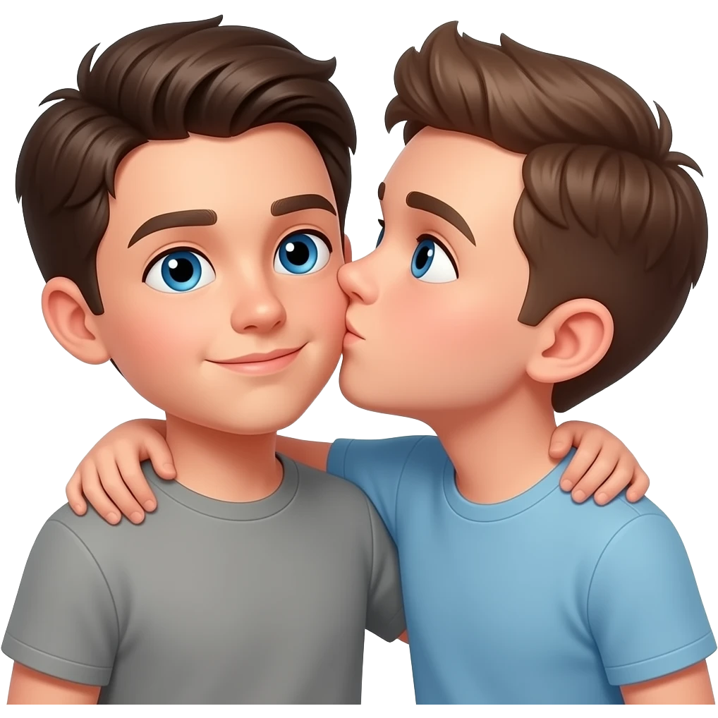 Erstelle ein Emoji von zwei Brüder, der eine um die 21 und der andere um die 25, der jüngere Bruder legt sein Arm über  Bruder und küsst ihn auf die Wange. Beide haben blaue Augen emoji