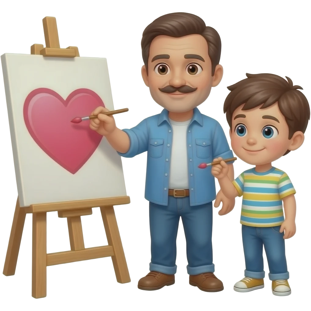 Vater (40) mit moustache und Sohn (23) malen zusammen ein Herz auf einer Staffelei emoji
