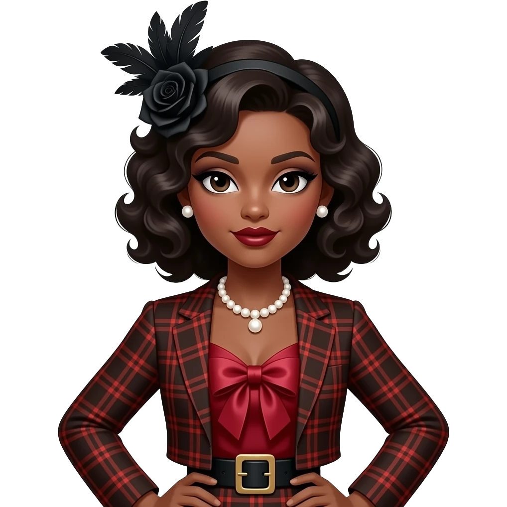 A medium shot of a stylish Black girl with dark wavy vintage curls, wearing a black feathered fascinator with a black rose, bold dark makeup, pearl jewelry, and a brown and red plaid blazer over a deep red satin top with a large bow, and a belt with a square buckle. emoji