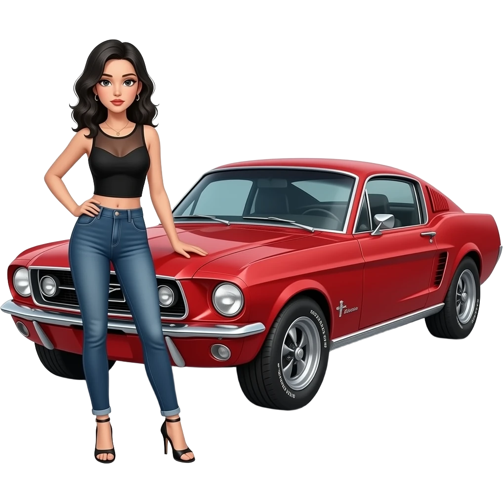 Pale girl with black wavy hair standing on the front left of a red Ford Mustang 1968 coupe. Girl wearing a sheer black sleeveless top with a medium neckline, jeans and heels with visible toes. Left hand on the hood and right hand on her waist and 3/4 profile position. emoji