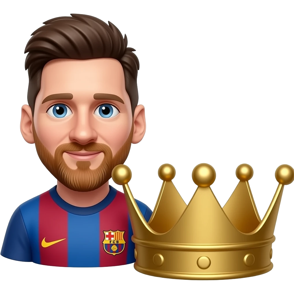 Messi-inspired 3D emoji, same natural face, 2 interlocked gold crowns beside him. emoji