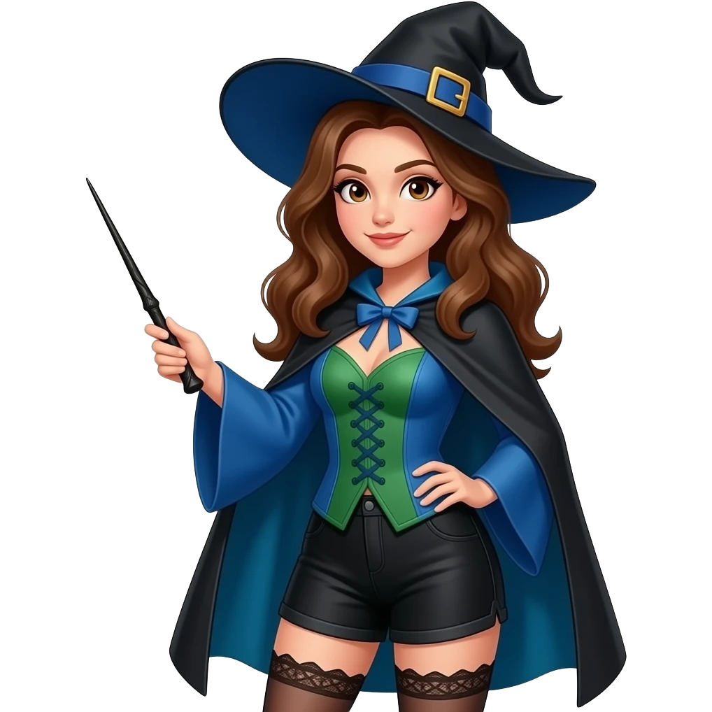 A full body White/Fair skinned woman with brown hair and brown eyes and wearing a Blue and green Witch outfit with black modesty shorts and holding a black wand. emoji