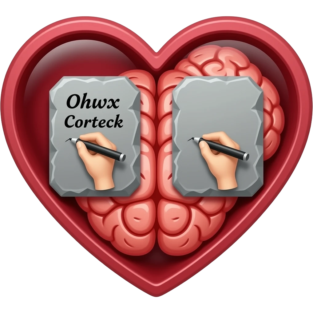 a heart and brain next to each other each with a stone tablet in them and a finger writting words on them emoji