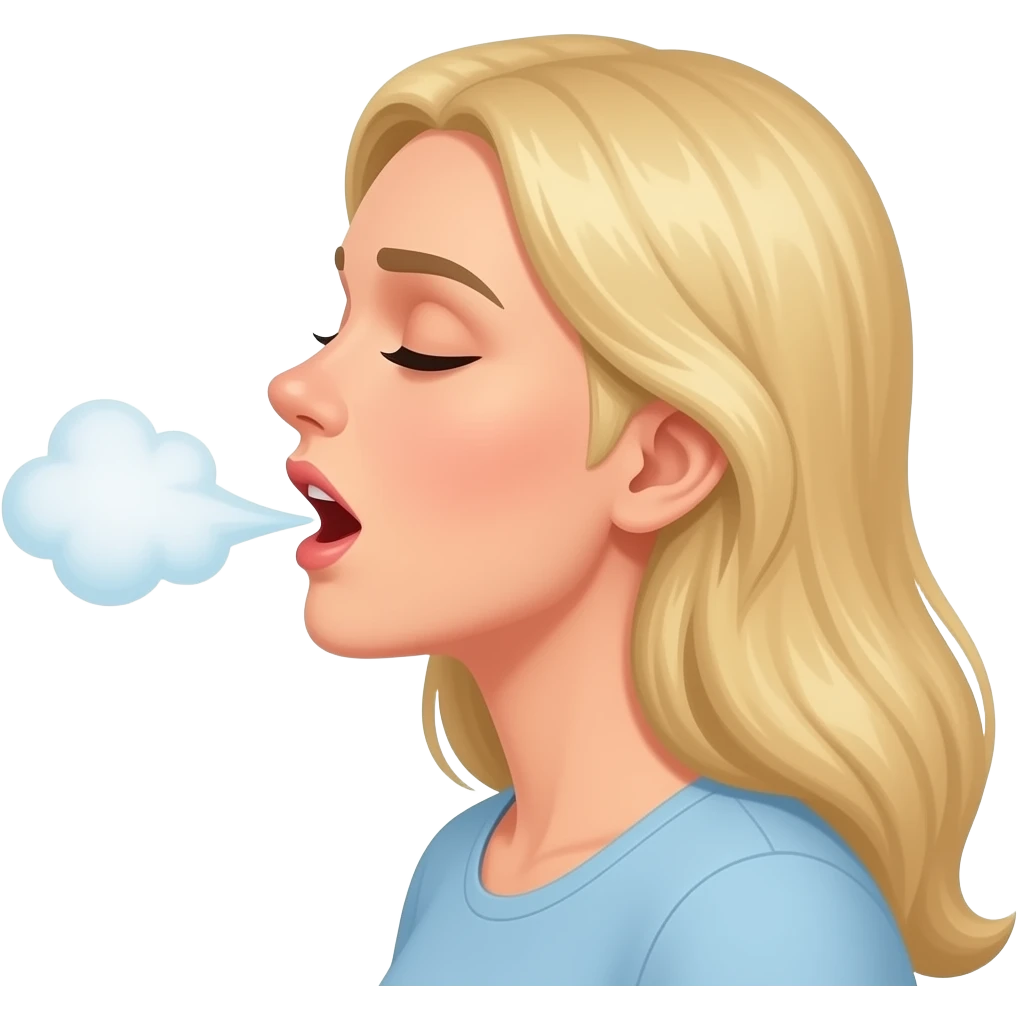 respirations profondes, bouche femme blonde ouverte en forme de petit O, avec souffle qui sort, vu de côté emoji