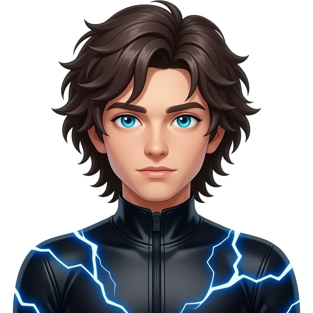 young male with long, messy dark brown hair, glowing cyan blue eyes, wearing a black body suit, with a blue electrical current surrounding him emoji