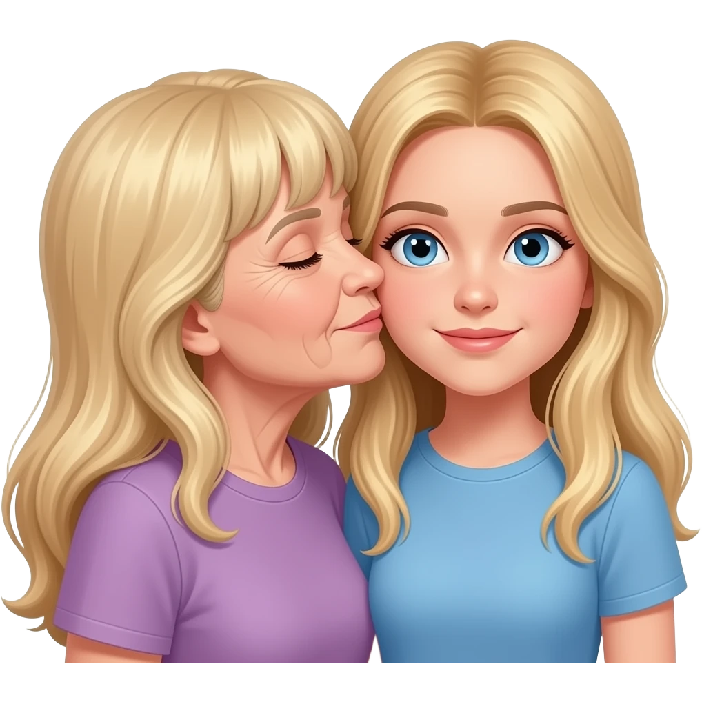 a little older grandmother has blonde long hair and bangs kissing a grandaughter who is 22 and has longer blonde with blue eyes emoji