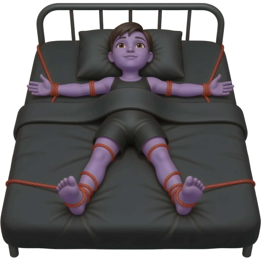 Violet Parr, Tied to a black bed, arms and legs spread, tied to the corners of the bed, black sheets, black pillow red silk ropes emoji
