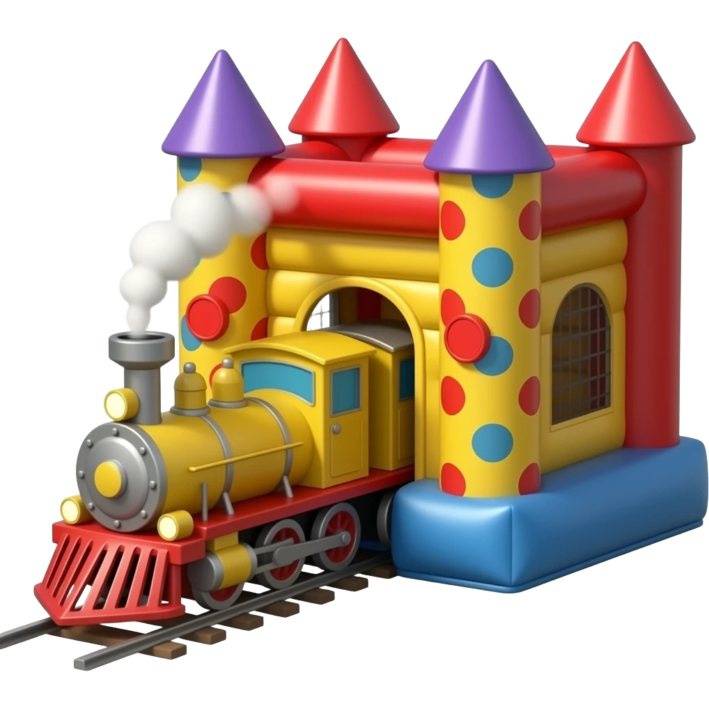 A bouncy catsle with a train getting out of the bouncy castle emoji