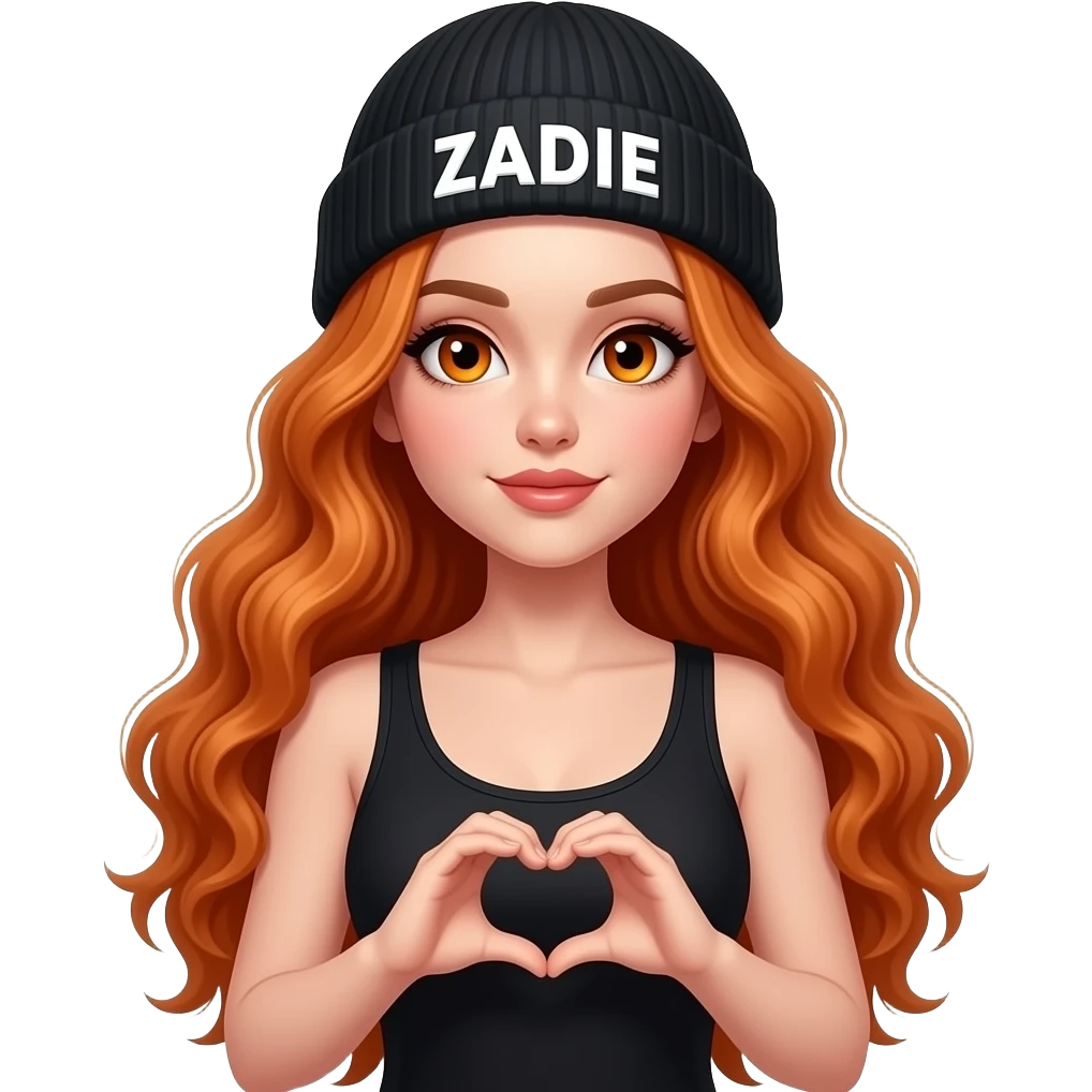sexy girl with overlong wavy ginger hair and ginger eyes wearing a black tanktop and a black beanie with ZADIE written on it,  is holding a heart in her hands emoji