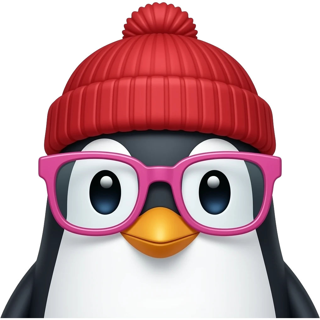 Penguin with a red beanie and pink glassess just face emoji