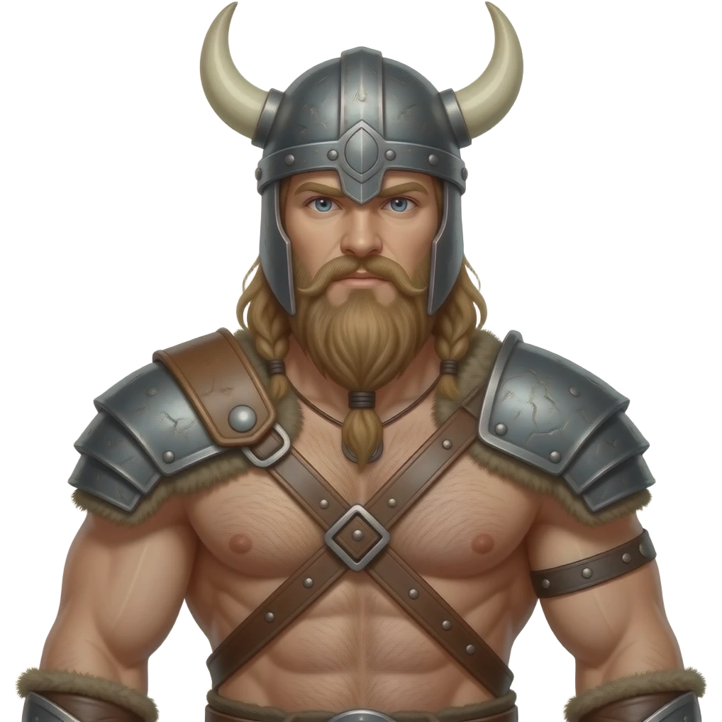 Vikinger mit nackten maskulinen behaarten Oberkörper und starker Brust, mit Leder Riemen und Schulterpanzer. Er trägt eine Axt und ein Helm emoji