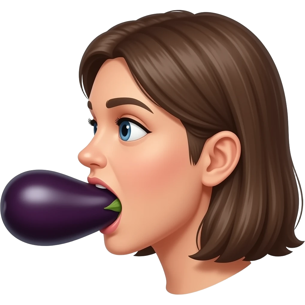 Side view of an eggplant entirely inside a woman’s mouth emoji