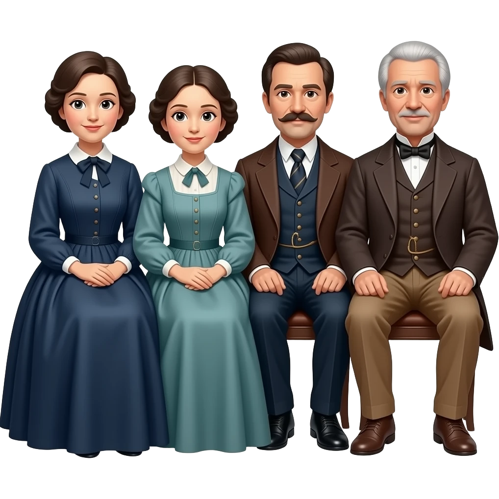 two mothers and two fathers depicted in sitting poses as in daguerreotypes posing in vintage civilian clothes - daguerreotypes format emoji