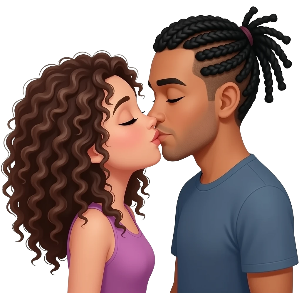 brunette girl with curly hair and medium toned guy with black cornrows hair kissing emoji
