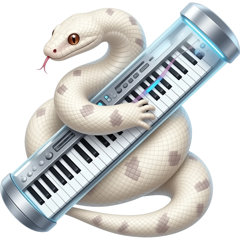 albino boa constrictor wrapped around futuristic tubular musical keyboards emoji