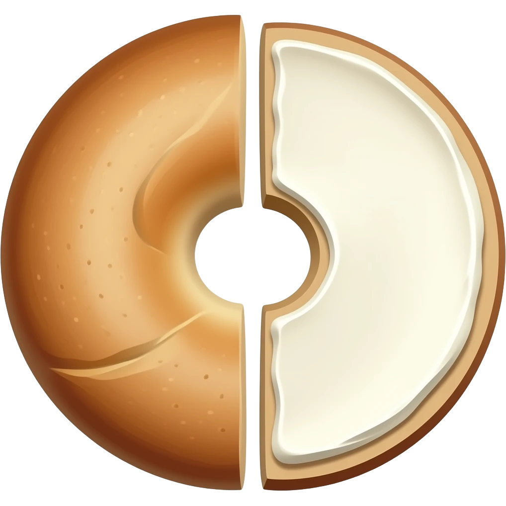 Everything bagel split with each piece next to each other with cream cheese on them emoji