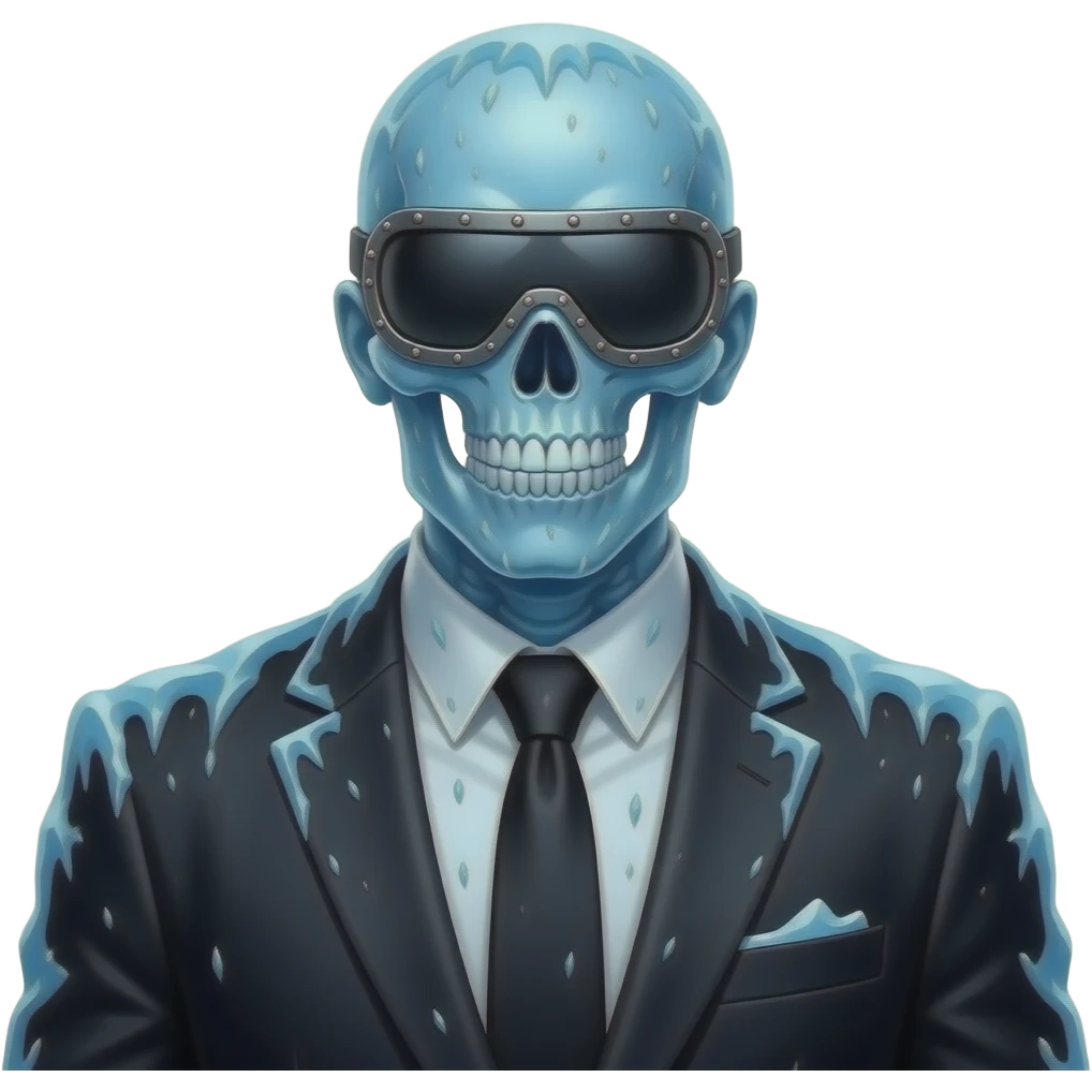 a skeletal figure wearing a suit. His eyes are covered by a riveted-on visor, his mouth is clamped shut and his ears capped. He stands ready to fight. His suit is covered in ice, everything has a blue hue emoji