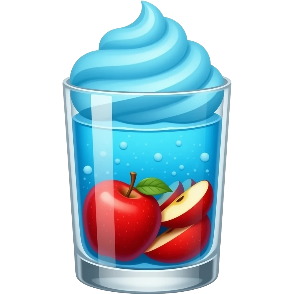 cute red apple cream soda, clear glass cup, bright red apple pieces filling the bottom, sky blue soda layer, sky blue whipped cream swirl on top, glossy 3d emoji style, no background, no text emoji