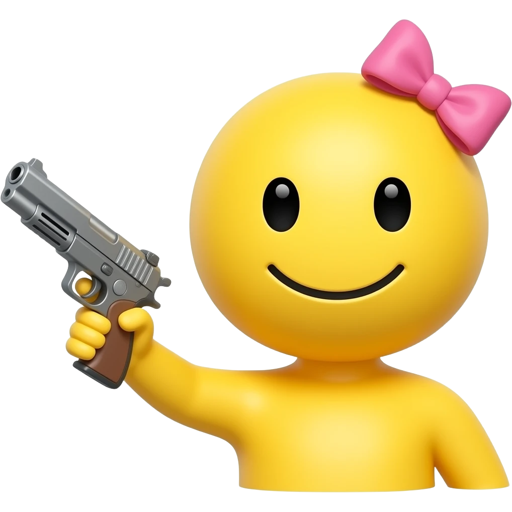 A yellow figur round head weird smile pink bow on head  and gun in hand only head not ai emoji