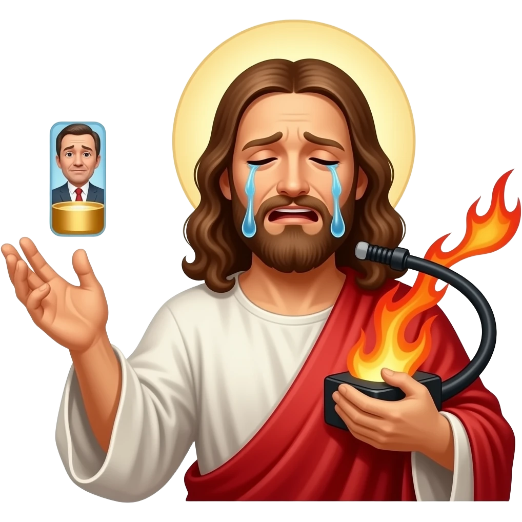Jesus throwing a rich, crying ceo into hell emoji | AI Emoji Generator