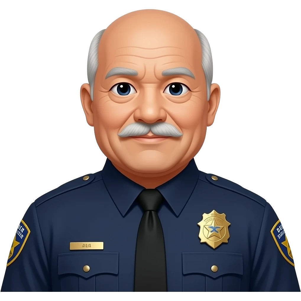 double chin older heavy fat asian police officer bald gold star fancy moustache long sleeve dark shirt with tie fatter emoji