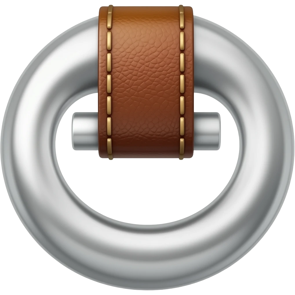 Create a polished 3D game icon of a pirate hook hand prosthetic, centered on a transparent background. Show only the detached pirate hook accessory: a shiny curved silver metal hook attached to a dark brown leather emoji