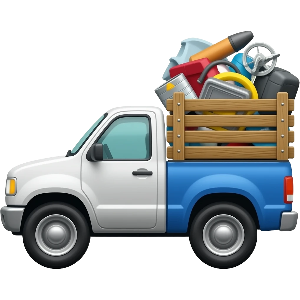 side view of a pickup truck loaded with junk, make the pickup truck white and blue and load it with junk at the back space emoji