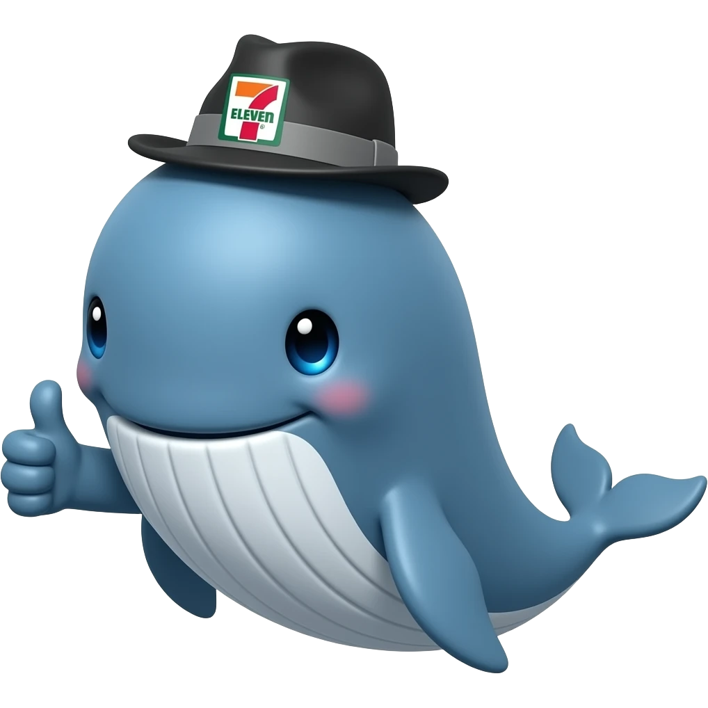 cartoonish blue Whale wearing a 7-eleven branded black and grey fedora with one of its two flipper showing a big thumbs up emoji