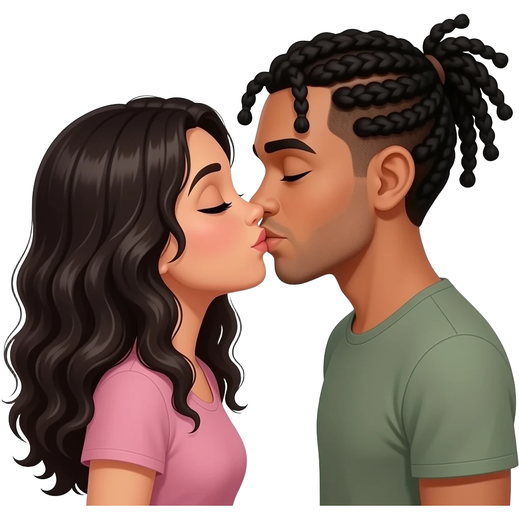 Black hair Hispanic girl with wavy hair and medium toned guy with black cornrows straight back kissing emoji