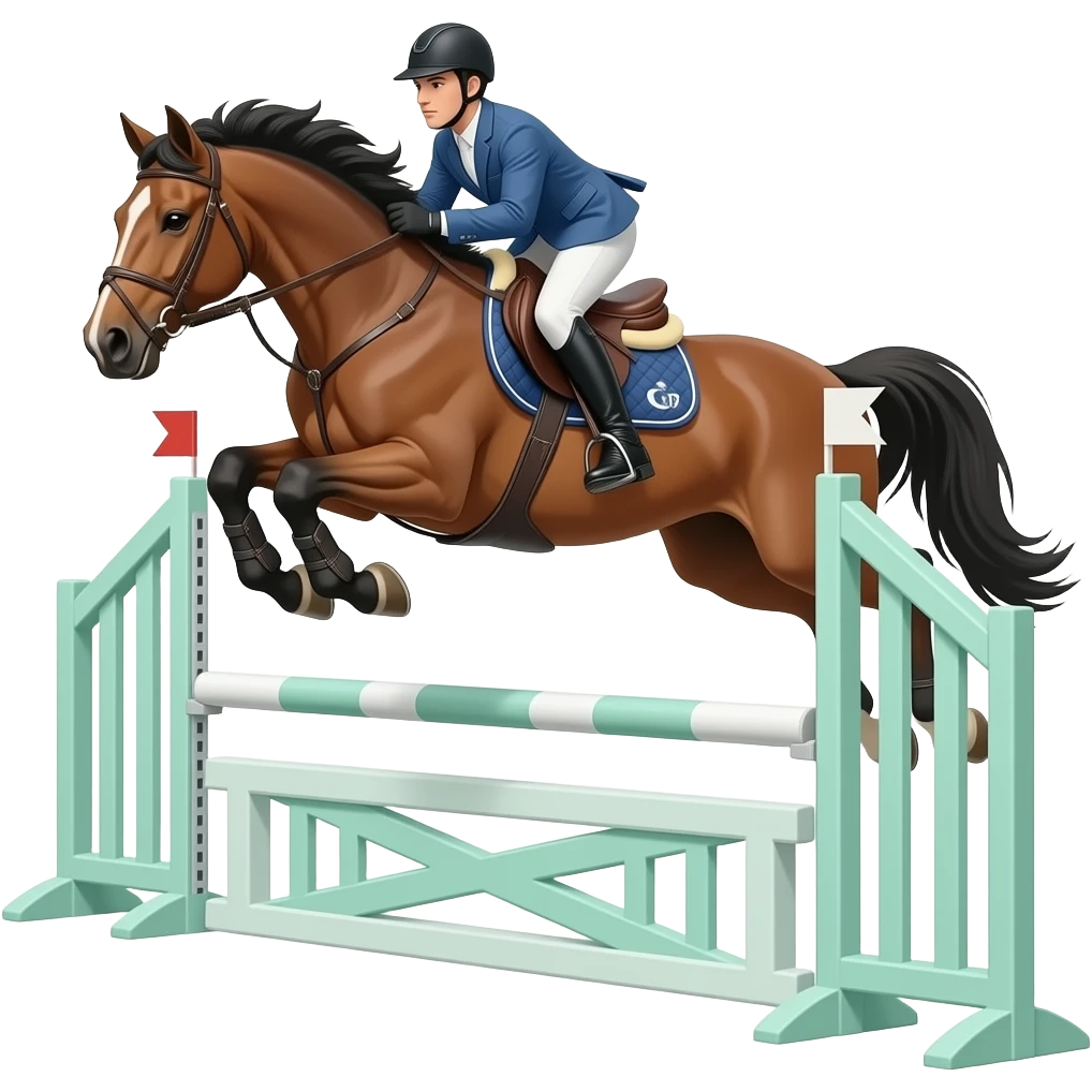 flea bitten horse jumping over a cross country jump with mint tack emoji