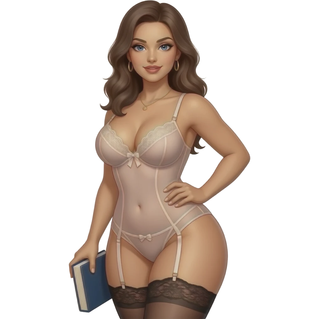 Tan, nude or in sexy librarian lingerie, with big booty, big ass, PAWG, has a perfect body shape and figure, with a naughty seductive librarian look, emoji