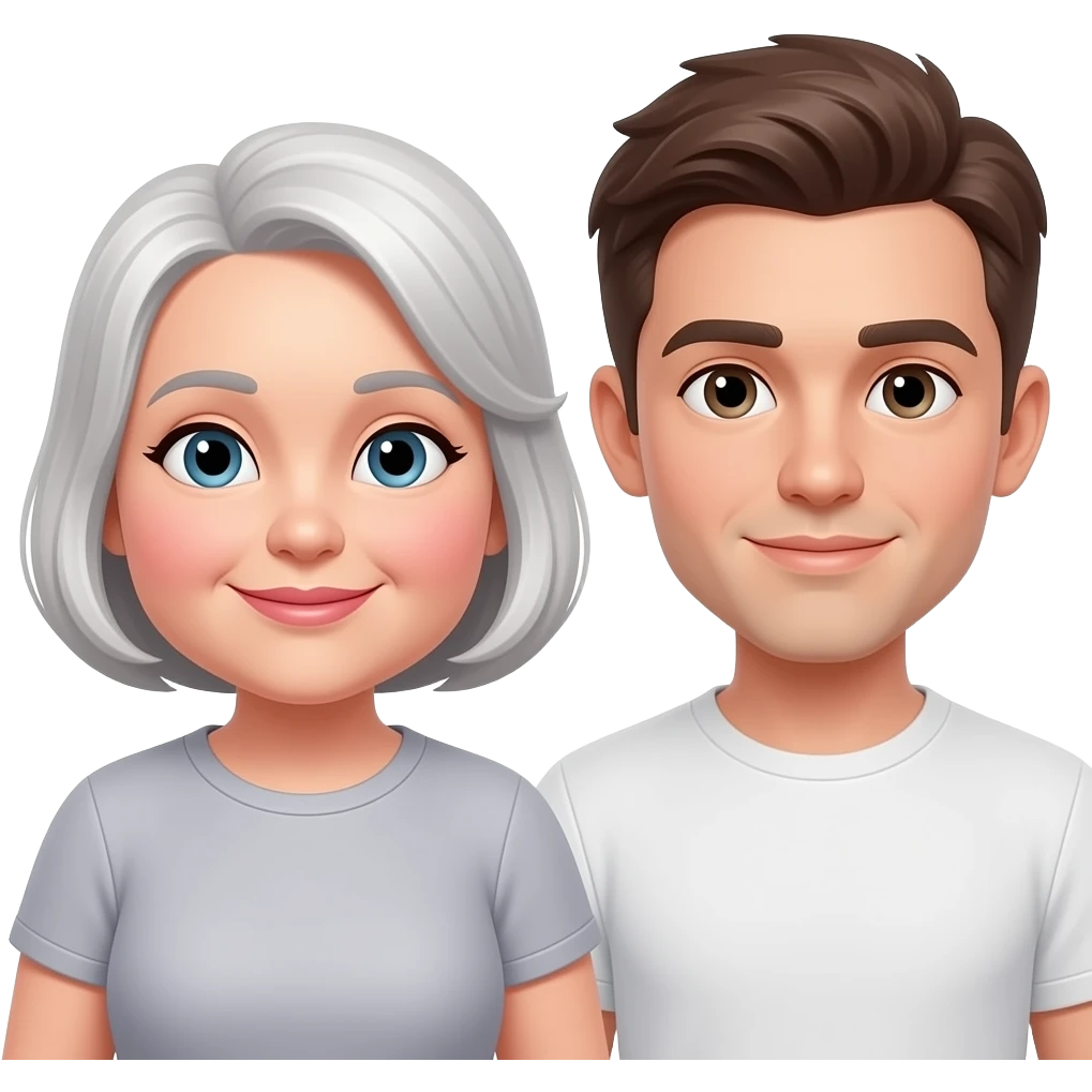 Emoji of 1 middle aged white chubby woman and 1 young handsome man with short brown hair emoji