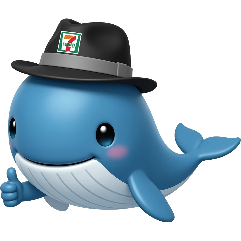 cartoonish blue Whale wearing a 7-eleven branded black and grey fedora with one of its two flipper showing a thumbs up emoji