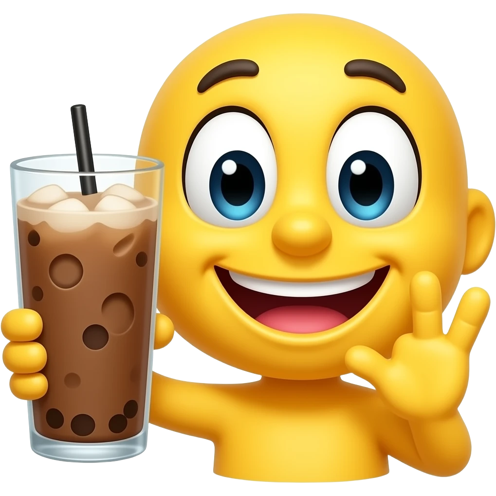 iOS Apple emoji style, glossy yellow cheerful face 😄 holding tall iced coffee glass. emoji